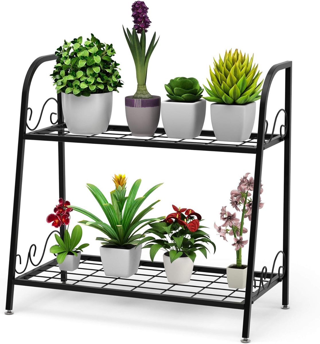 COSTWAY 2-traps metalen plantenstandaard, multifunctioneel plantenrek, tentoonstellingsrek, voor binnen en buiten, plantenrek, bloemenrek voor terras, tuin, balkon