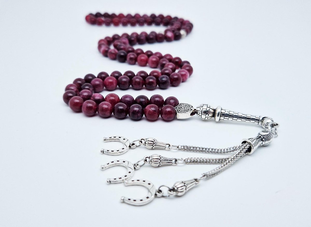 Handgemaakte tesbih "Tasbih" natuursteen "Lepidolite" - Aantal kralen 99 - Diameter kralen 8MM - met metaal tassel "Hoefijzer" - Een mooi cadeau-idee