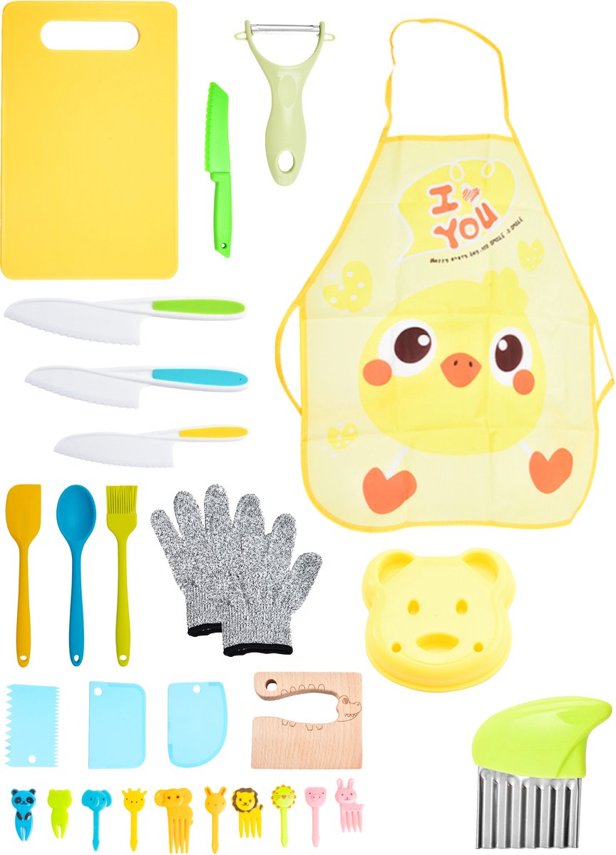 Nuvance Kindermessenset - 27-Delig - Kindermessen met Snijplank Schilmesje Kindermes Frietsnijder & schort - Koken voor Kinderen