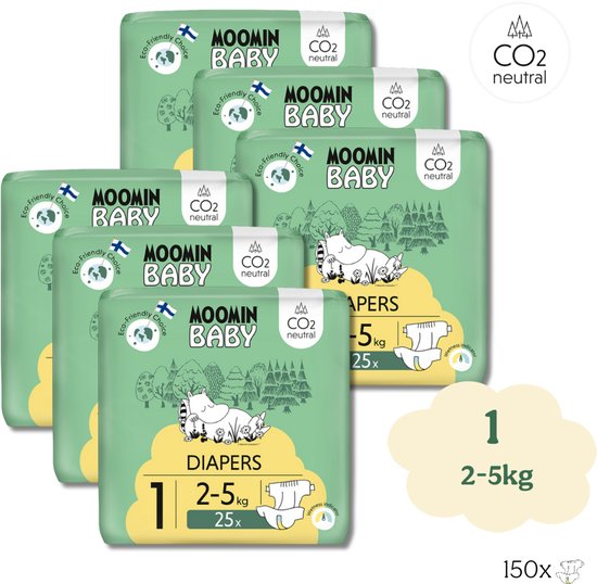 Couches jetables Eco Moomin Bébé - Taille 1 - 2 à 5 kg - Pack économique - Coffret anniversaire