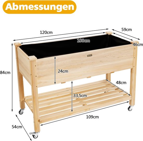 COSTWAY Jardinière surélevée avec étagère et roulettes, jardinière surélevée en bois, jardinière avec roulettes verrouillables et film de protection, grand bac à légumes, bac à herbes, pour balcon, jardin, terrasse