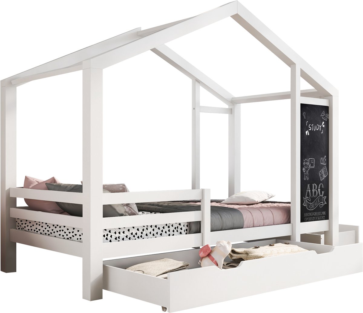 Merax Kinderbed Huisbed 90x200 cm, Houten Bed met Bord en 2 Lades, Massief Hout met Hek en Lattenbodem, Wit (Zonder Matras)