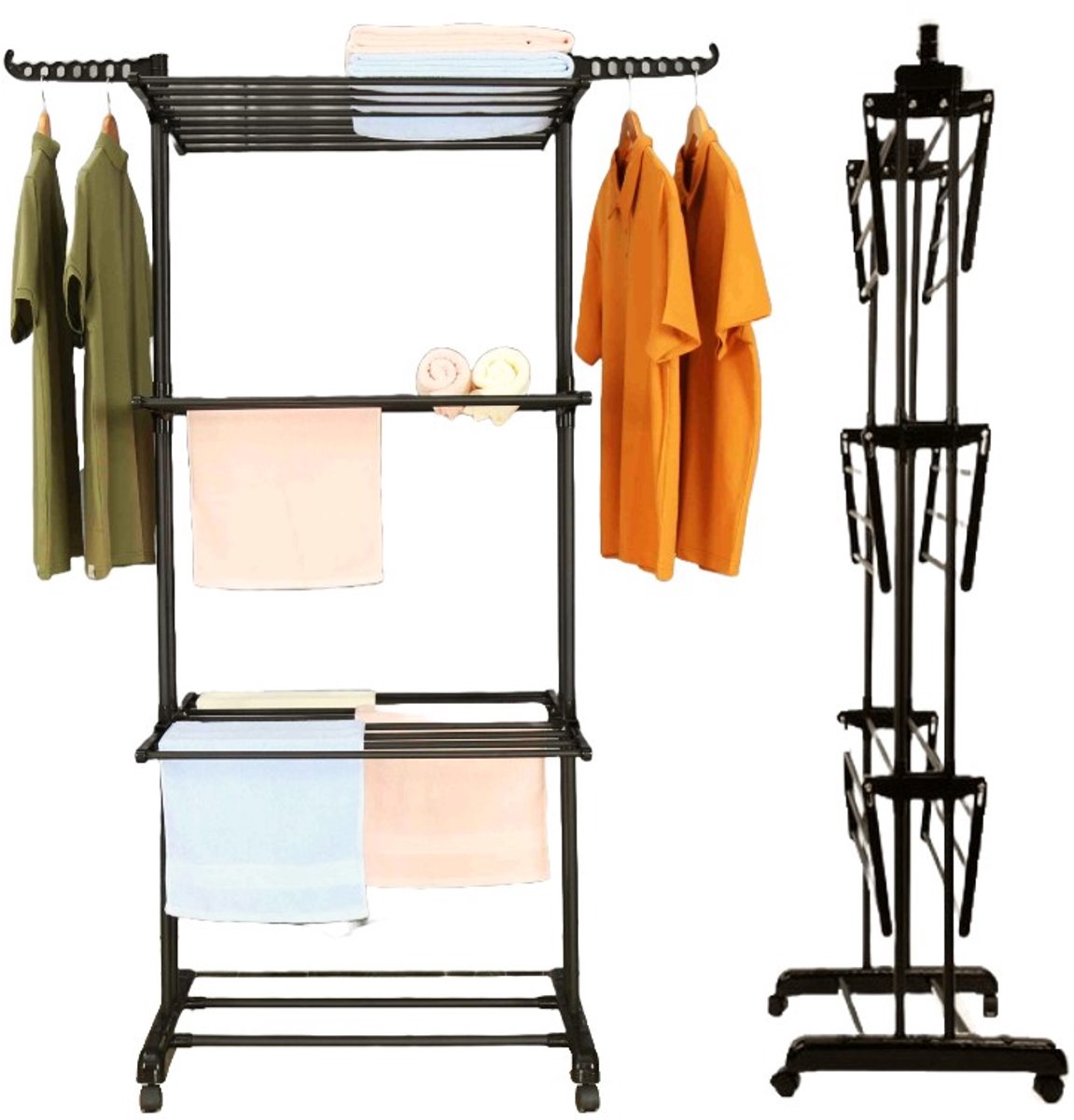 Goedkoopste Ceruzo Wasrek Inklapbaar - 75x64x178 cm - Wastoren -Droogtoren met Wieltjes -Zwart