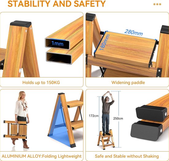 KULACO Trapladder, 2 treden, inklapbaar, aluminium vouwladder