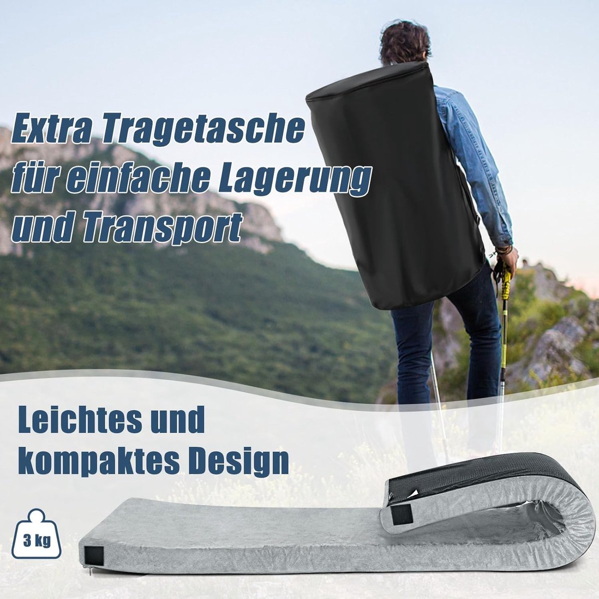 Isomat Camping matras van traagschuim, lichte slaapmat met flanellen overtrek, incl. draagtas, gastenmatras voor reizen, wandelen 183 x 62,5 x 6,5 cm ZB32940