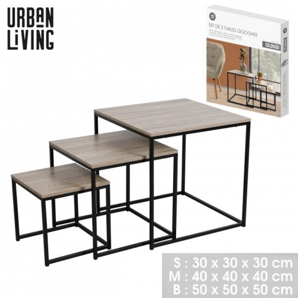 Urban Living "COLORADO" Set van 3 vierkante nesttafels 30x30xH30 cm, 40x40xH40 cm en 50x50xH50 cm Sonoma eik en zwart