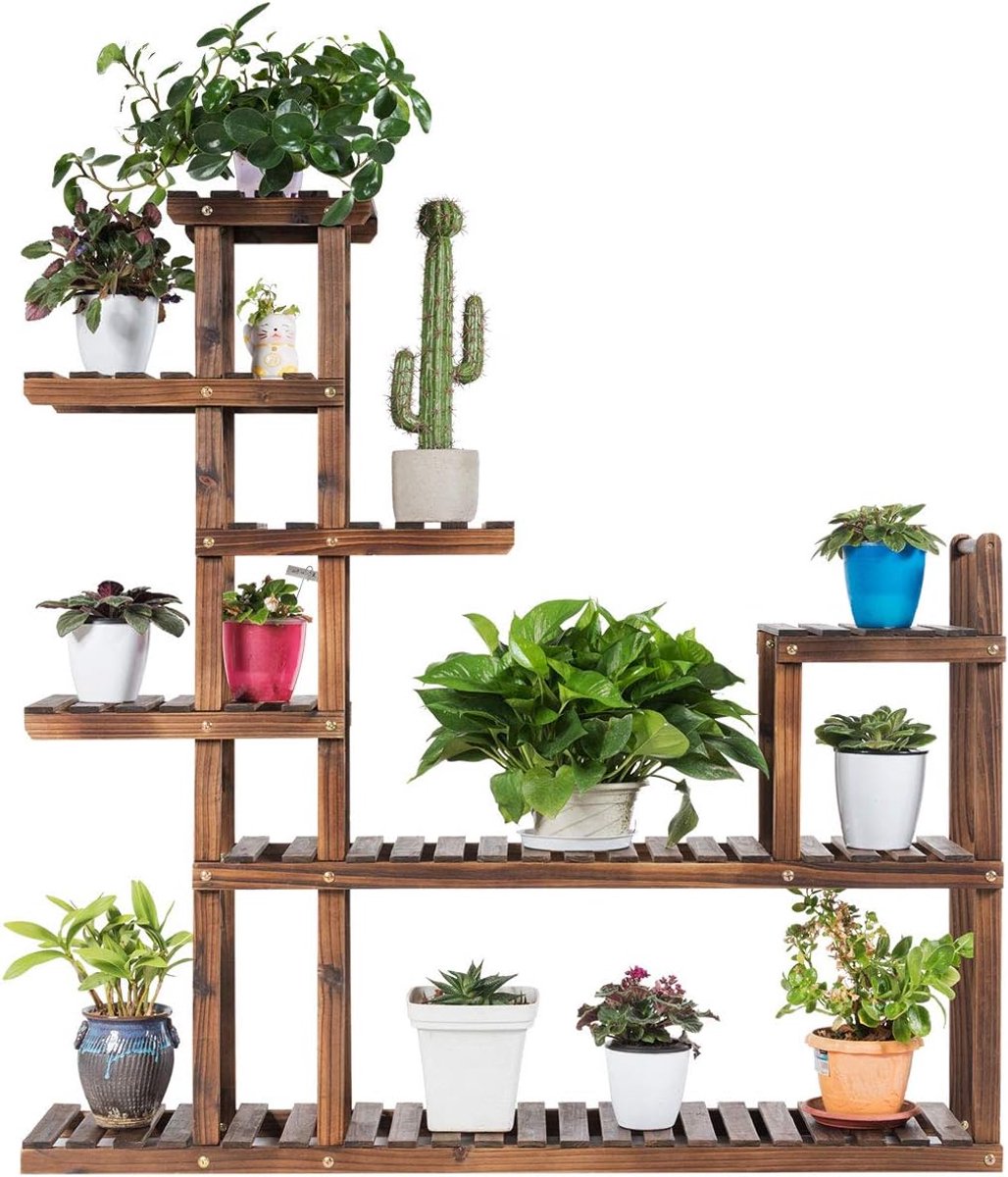COSTWAY Plantenrek bloemenrek, bloemenstandaard hout, bloementrap tuin, plantentrap meerdere verdiepingen, houten rek (7 etages, 120 x 25 x 120 cm)