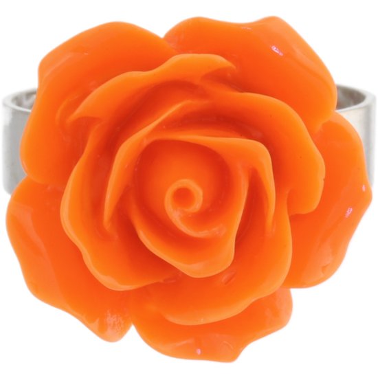 Behave - Ring - Bague ajustable rose Oranje - Ring argentée avec Bloem en plastique - Look Vintage et bohème - Sans nickel