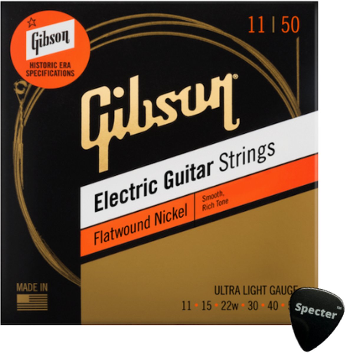 Gibson Flatwound Nikkel Gitaarsnaren Elektrische Gitaar Ultra Light 11-50 + Specter Plectrum – Zachte Klank en Duurzaamheid
