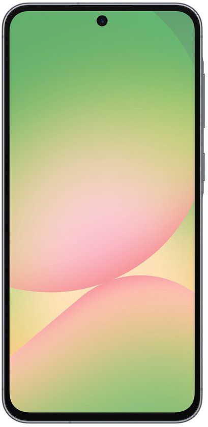 Samsung Galaxy A56 5G gris, vue de face, avec un écran dégradé.