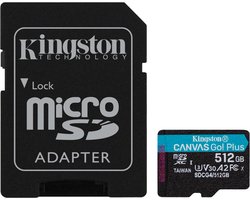 Kingston Technology 512GB microSDXC Canvas Go! Plus Gen4 200MB/s A2 U3 V30 kaart + adapter