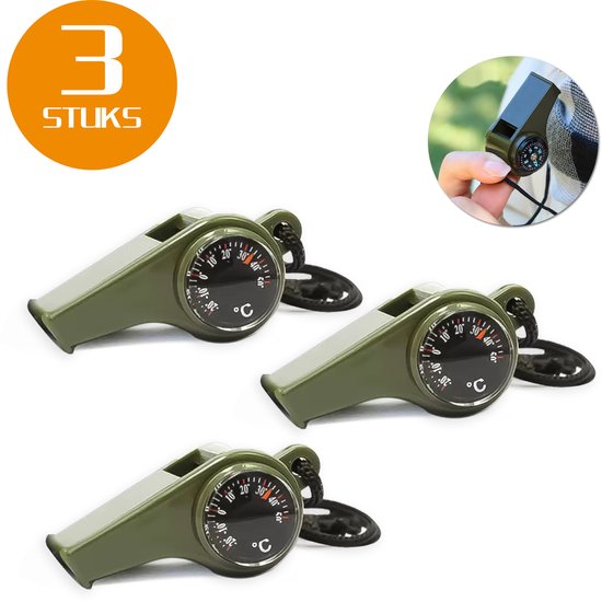 Colorful Sun® 3-in-1 Noodfluit - Met Kompas & Thermometer - 3 Stuks - Luide Alarmfluit 120 dB - Voor Noodgevallen, Survival, Wandelen, Camping & Sport - Reddingsfluit & Hondenfluit - Weerbestendig - Inclusief Sleutelkoord