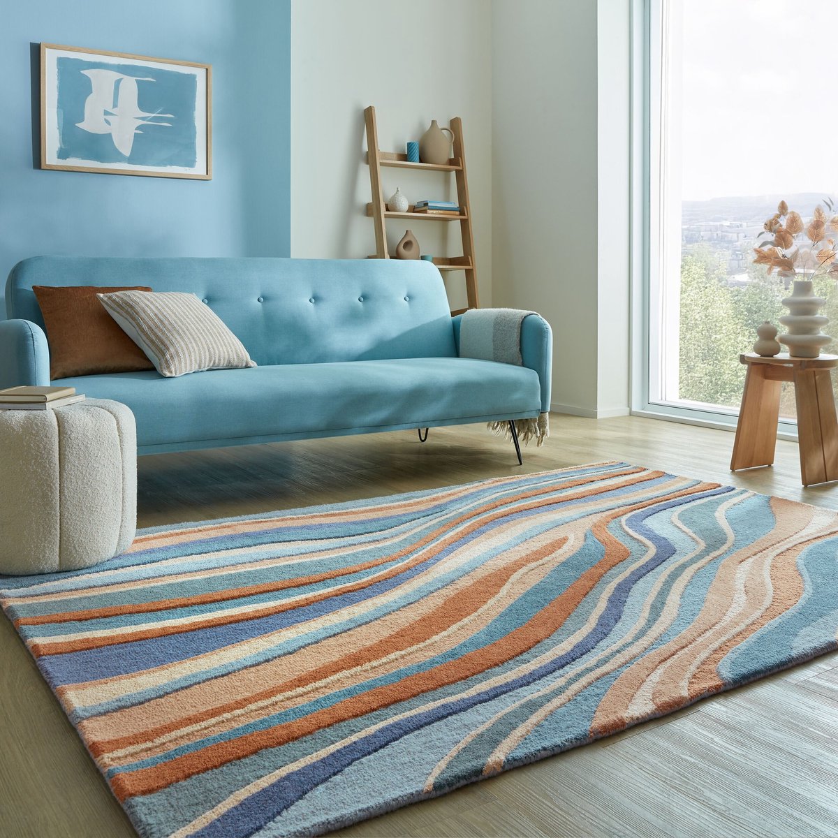 flycarpets Laagpolig Abstract Flow Wollen Vloerkleed 120x170 cm Blauw