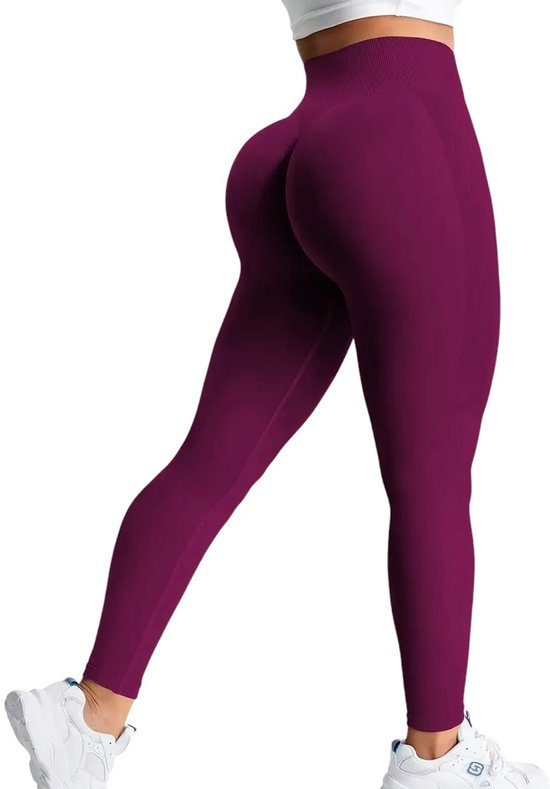 Foto: Sportlegging zachte stof super comfortabel elastisch hoge taille meerdere kleuren aansluitend yoga broek tweede huid ademend stretch leggings met buikcontrole donkerrood roodpaars burgundy maat l