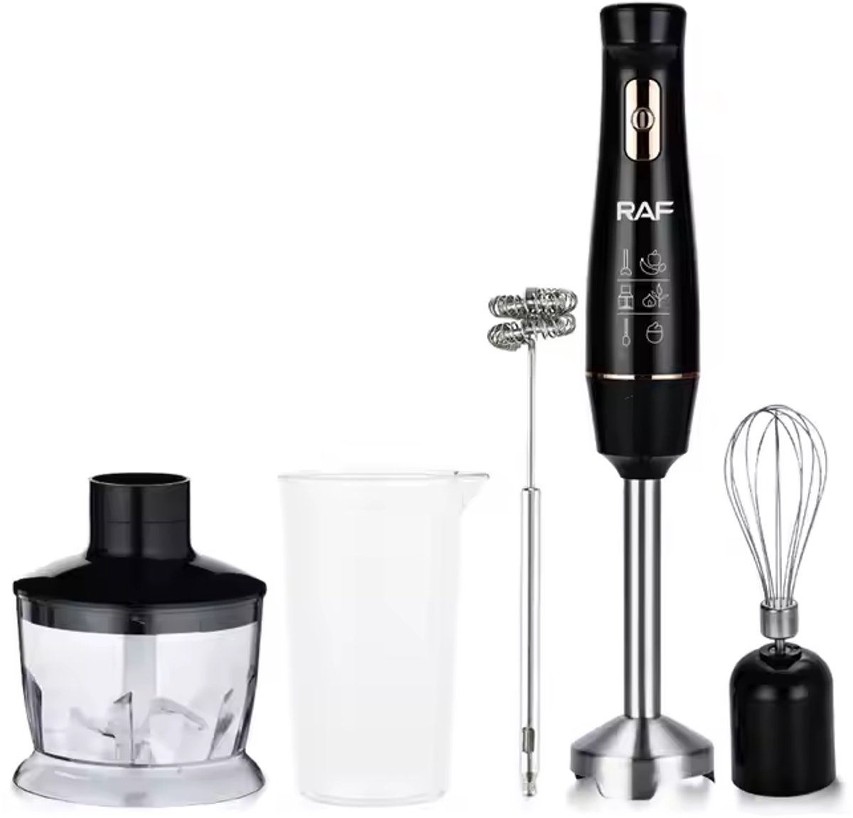 RAF - Staafmixer Set - 5-in-1 - Hand Blender - Elektrische Handmixer - Klopper - Staafmixer - BPA-vrij - Extreem Krachtig - Hakmolen - Garde - Maatbeker - Mengstaaf - Ook voor IJsklontjes - Complete Set - Melkopschuimer - Foodprocessor — afbeelding 4