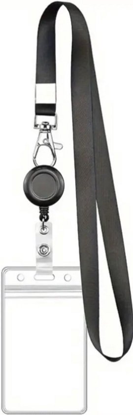 Zwart keycord met uittrekbare badgehouder en metalen clip.