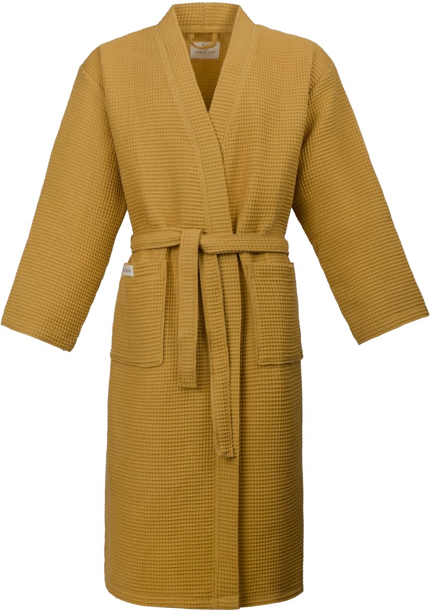 L&G - Unisex Sauna Badjas - 100% Katoen Wafel Badjas - L - Geel - Katoen wafel - Kimono - Wafel Badjas dames - Wafel Badjas heren - Badjas dames en heren - L
