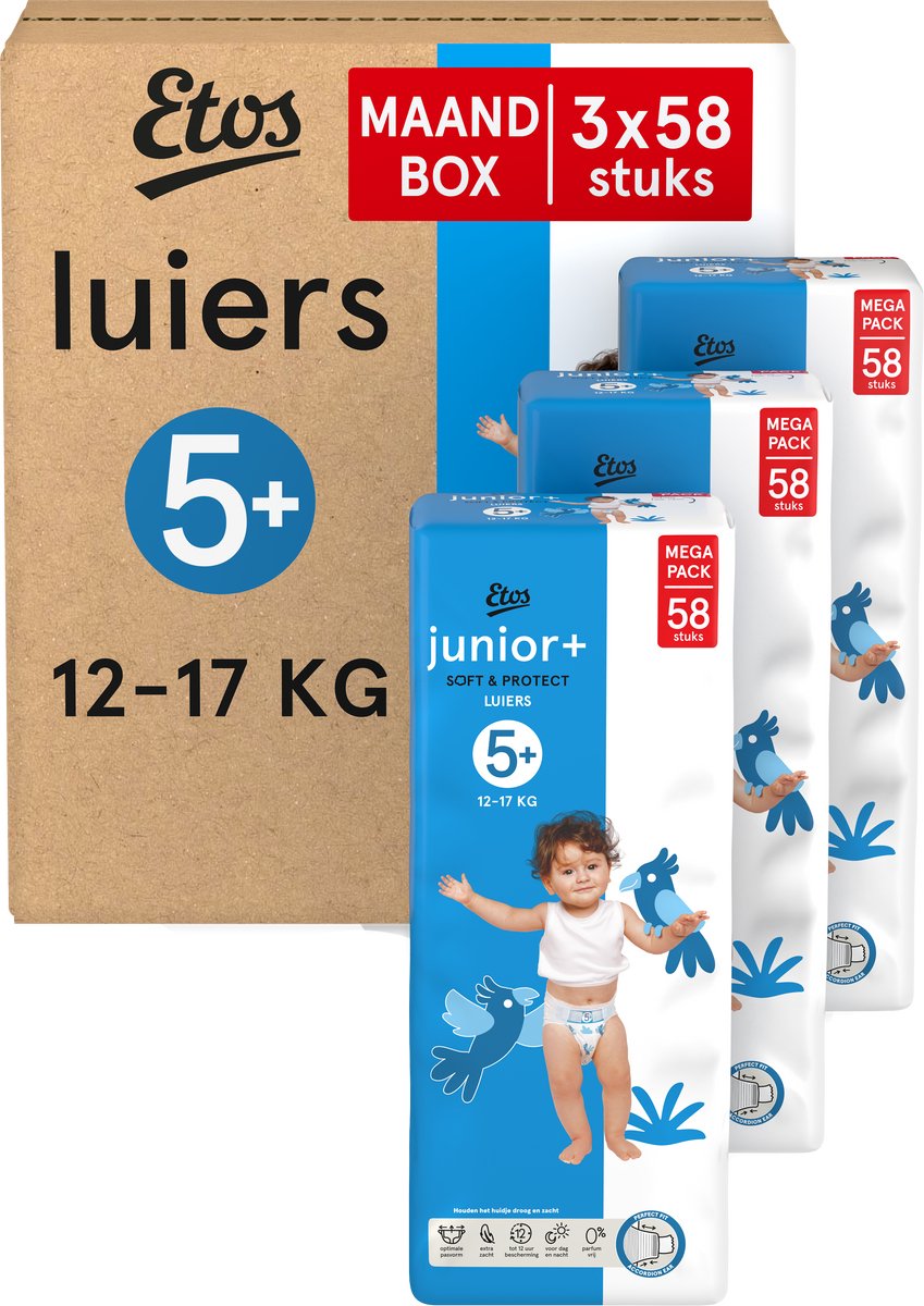 Etos Luiers - Junior+ - Maat 5+ - 12-17 kg - Maandbox - 174 stuks