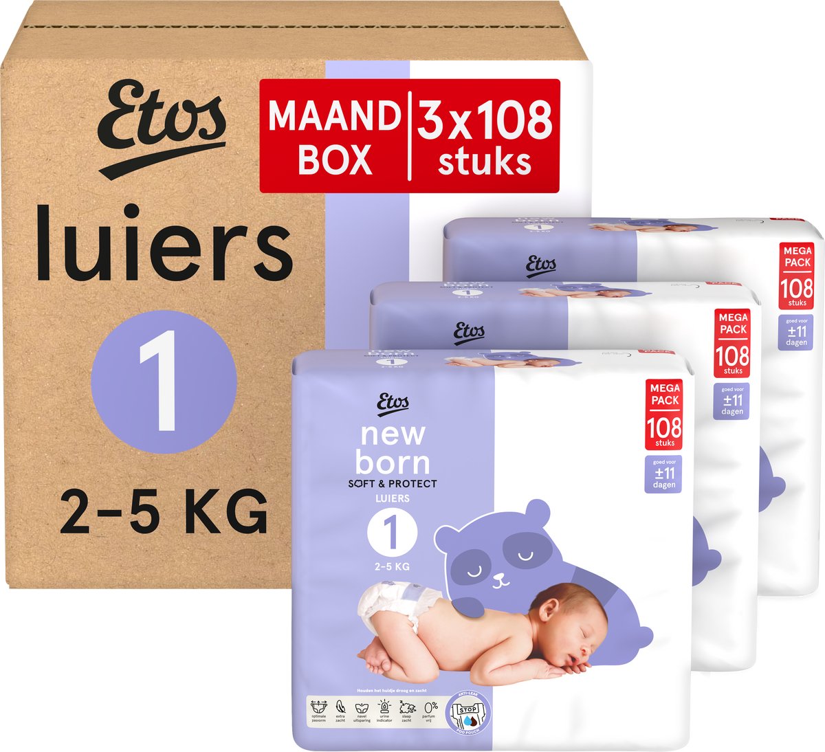 Etos Luiers - Newborn - Maat 1 - 2-5 kg - Maandbox - 324 Stuks