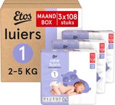 Etos newborn luiers maat 1 (2-5 kg) in een maandbox van 3x108 stuks. Baby met panda slaapt op de verpakking.