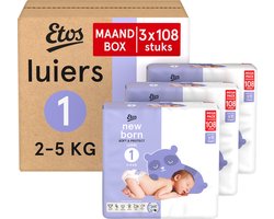 Etos Luiers - Newborn - Maat 1 - 2-5 kg - Maandbox - 324 Stuks