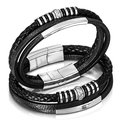 Zwarte leren armband met RVS accenten en Malinsi sluitingen.