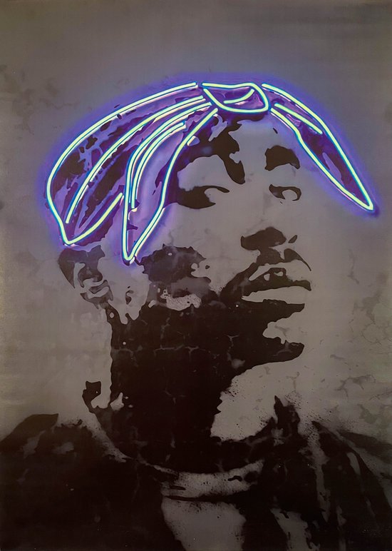 Poster 2Pac neon - 50x70cm - Canvas materiaal - Hiphop wanddecoratie - Rap muurposter - In te lijsten