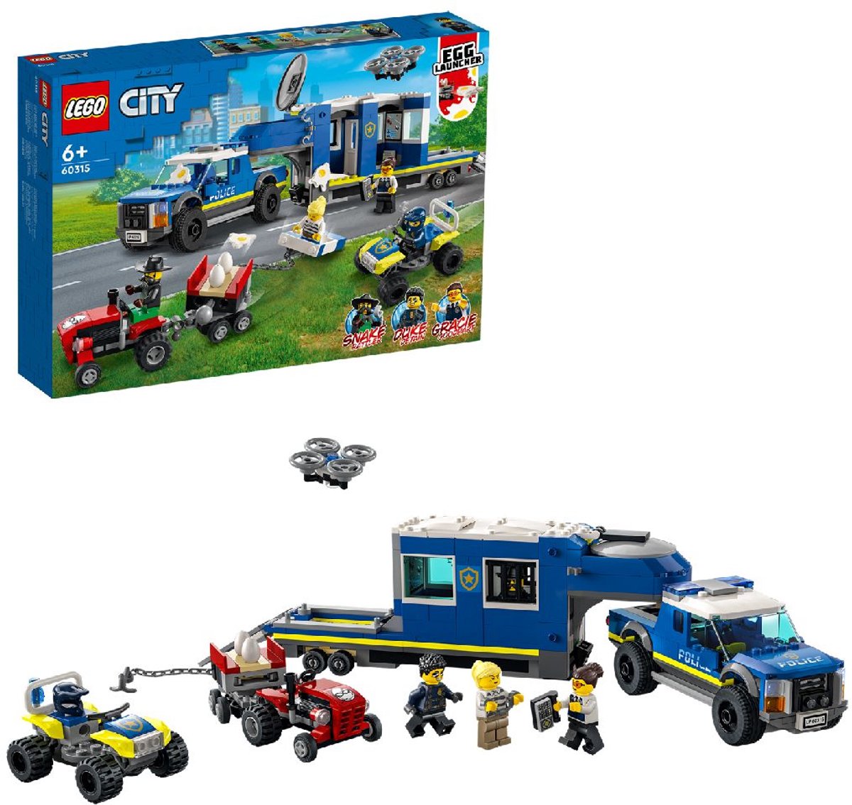 LEGO® City Mobiele commandowagen politie 60315 bouwset voor kinderen vanaf 6 jaar; met een pick-uptruck en aanhanger met gevangenis, een terreinwagen en een drone, een tractor met eier-aanhanger en 4 minifiguren (436 onderdelen) — afbeelding 22