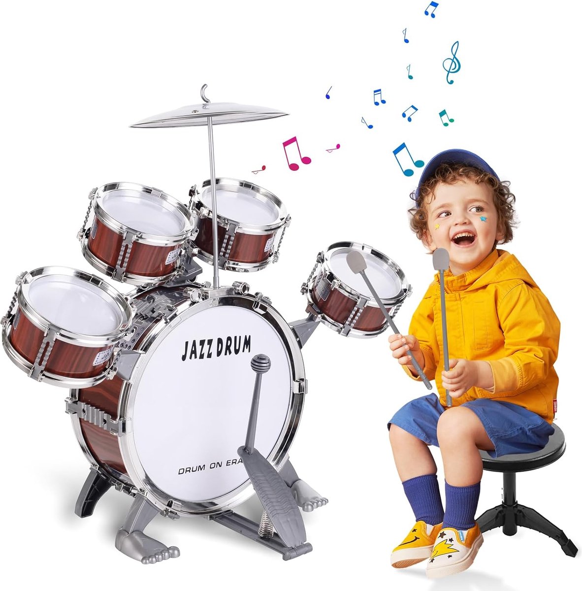 Kinderdrumset Peuter Jazz Drum Kit 10 Stuks Speelgoed met Kruk Pedaal Percussie Muziekinstrumenten Drum Speelgoed Vroeg Onderwijs Kerst Verjaardagscadeau Speelgoed voor 3 4 5 6 Jaar oude Kinderen