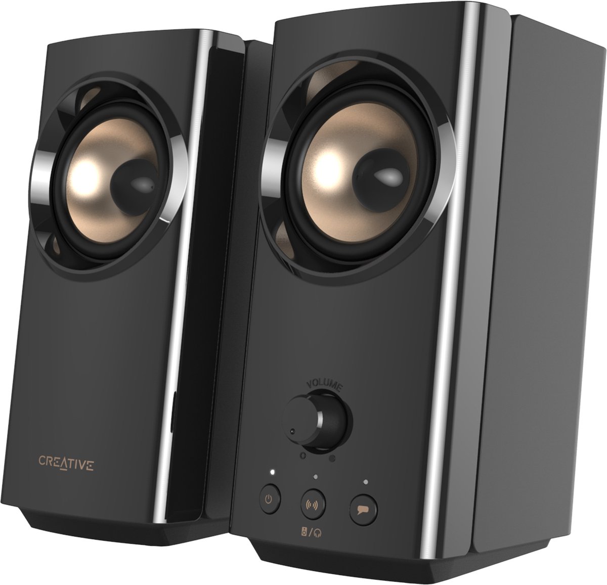Creative T60 2.0 compacte Hi-Fi-desktopluidsprekers met Clear Dialog en Surround door Sound Blaster, USB-C-audio, microfoon- en headsetpoorten, Bluetooth 5.0, piekvermogen tot 60 W