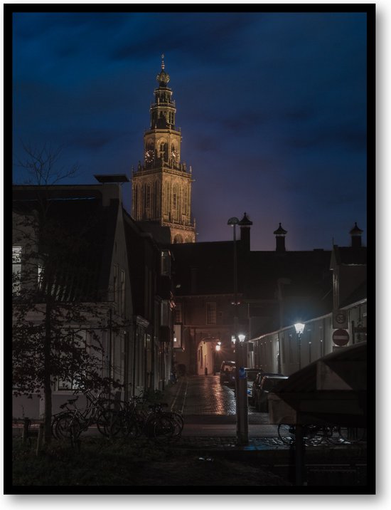 Nachtwake: Martinitoren - Turfsingel bij Avond - Fotoposter 30x40 met Lijst