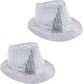 Toppers - Funny Fashion Carnaval verkleed Trilby hoedje met glitter pailletten - 2x - zilver - heren/dames