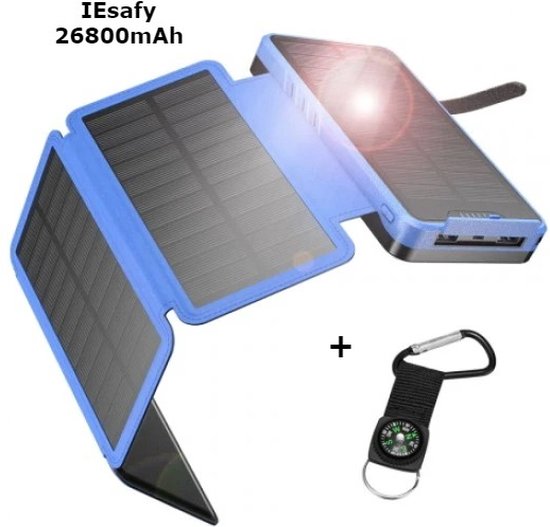 IEsafy powerbank - solar oplader - zonne-energie - 26800mAh - outdoor solar - met 4 opvouwbare zonnepanelen - blauw