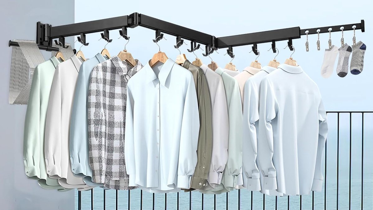 Wandkledingrek 125 cm, uittrekbaar kledingrek, opvouwbaar kledingrek met 24 haken en handdoekhouder voor balkon, slaapkamer, wasplaats, drievoudig
