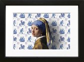 Kunstcadeau kunst in het klein - Vermeer Meisje met de Parel Delfts Blauw tegels - ingelijst met fotografische passe-partout - 15x20cm
