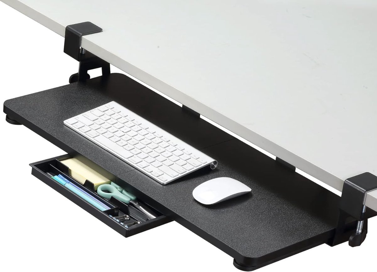 Toetsenbordlade, 68 x 30 cm groot toetsenbordblad onder het bureau met C-klemhouder, computer-toetsenbordstandaard, ergonomische toetsenbordhouder om te typen, thuis en op kantoor