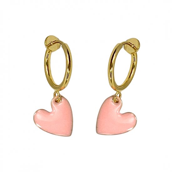 Klem -oorbellen -emaille -roze -hart -goudkleurig- geen gaatje- Charme Bijoux