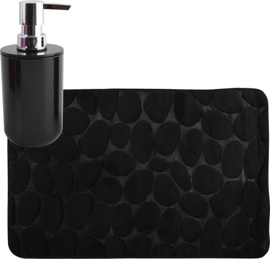 MSV badkamer droogloop mat/tapijt Kiezel motief - 50 x 80 cm - zelfde kleur zeeppompje 260 ml - zwart