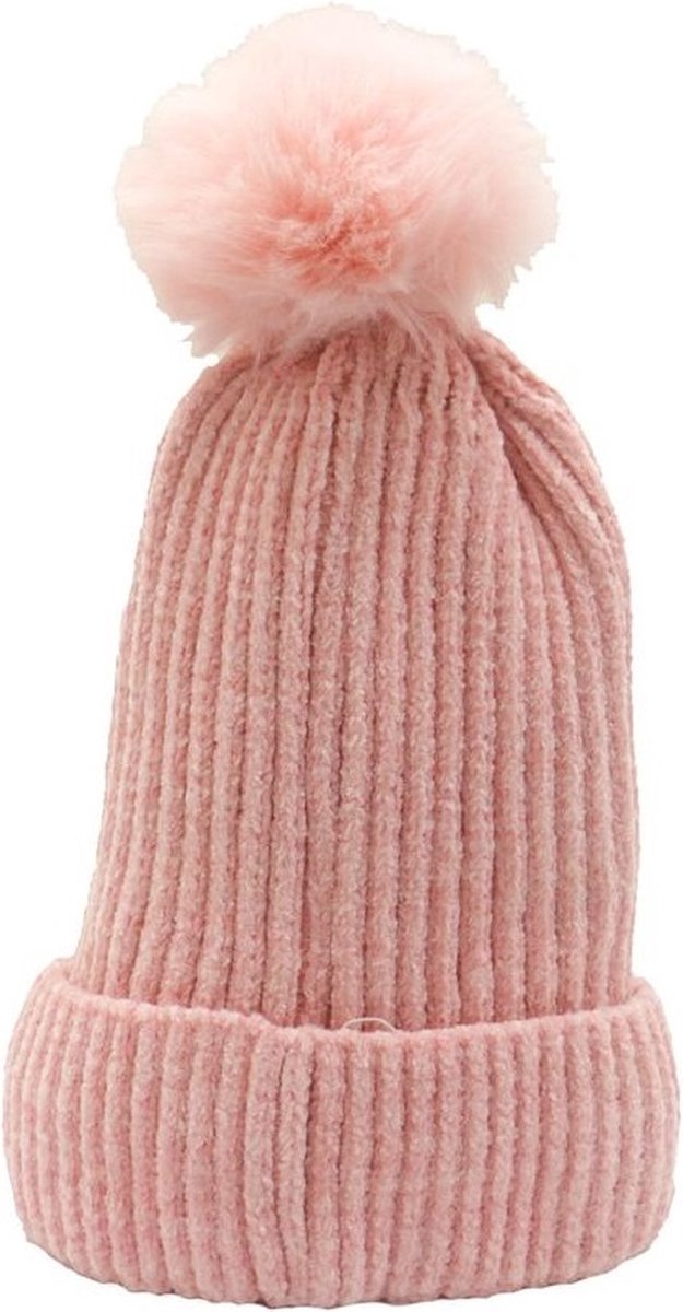 Winter Muts Gewatteerd met Pompon - Roze - One size - 100% Acryl Wol - Lekker zachte en warme Wintermuts