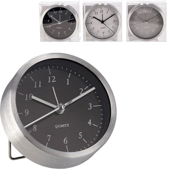 Gerimport Wekker/alarmklok analoog - zilver/grijs - aluminium/glas - 9 x 2,5 cm - staand model