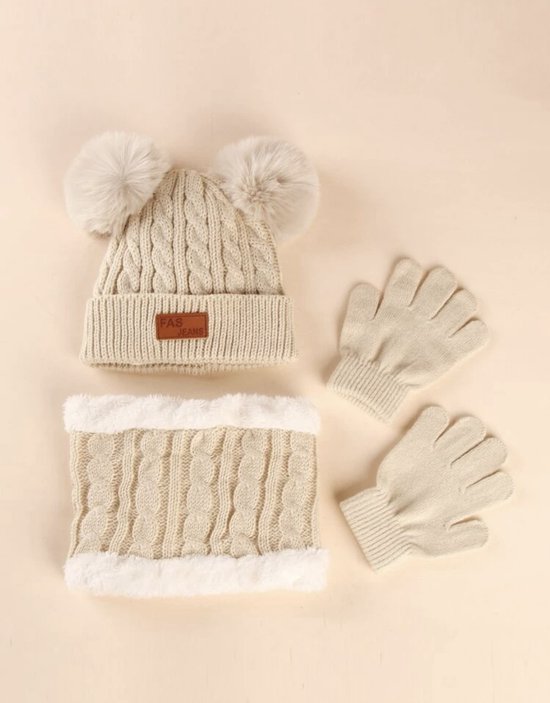 Bonnet, écharpe et gants d'hiver - couleur crème - enfant 2-5 ans - Cadeau enfant - Cadeau de Noël - Bonnet à 2 pompons