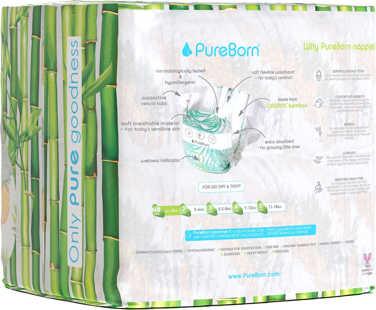 PureBorn Eco Organic Bamboe Luiers Maat 3 (5,5-8 Kg) - 112 Stuks, Hypoallergeen, Ultrazacht Met Natheidsindicator En Assorti Prints