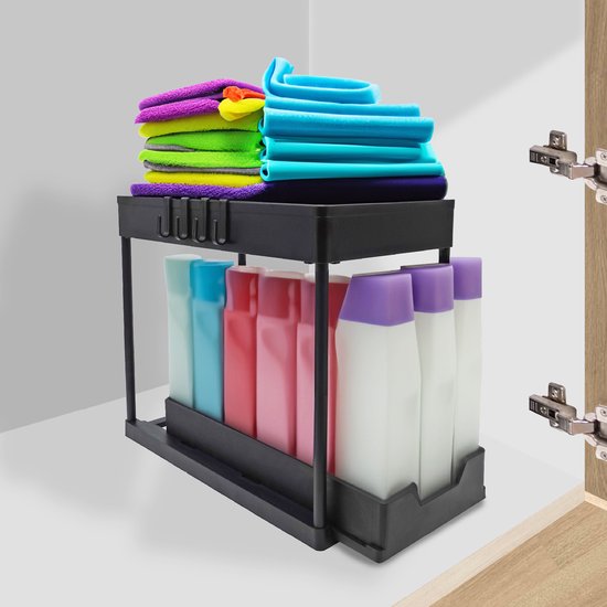 Muntel® Gootsteenkast Organizer - Keukenkast Organizer - Inclusief Schuiflade en Haken - Zwart - 39,5 x 22 x 33,5 cm