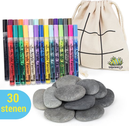 Happy Stones Pakket XL | 30 Stenen | 5-8cm | 28 Acryl Stiften | Stenen Schilderen Kinderen | Stenen Schilderen Volwassenen | Schilderbare Keien | Beach Pebbles