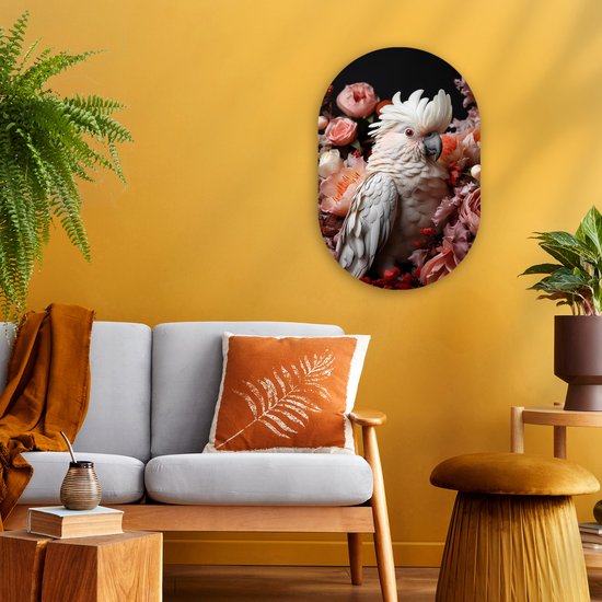 Mur ovale 40x60 cm - Mur ovale Cacatoès - Animal - Nature - Botanique - Fleurs - Rose - Décoration murale plastique - Tableau ovale - Décoration murale murale salon - Peintures - Forme miroir ovale sur plastique