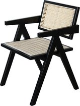 Zwarte houten design stoel met rotan - Eduard Jeanneret - bureau of eetstoel - massief hout - Chandagarh - modern wabi sabi
