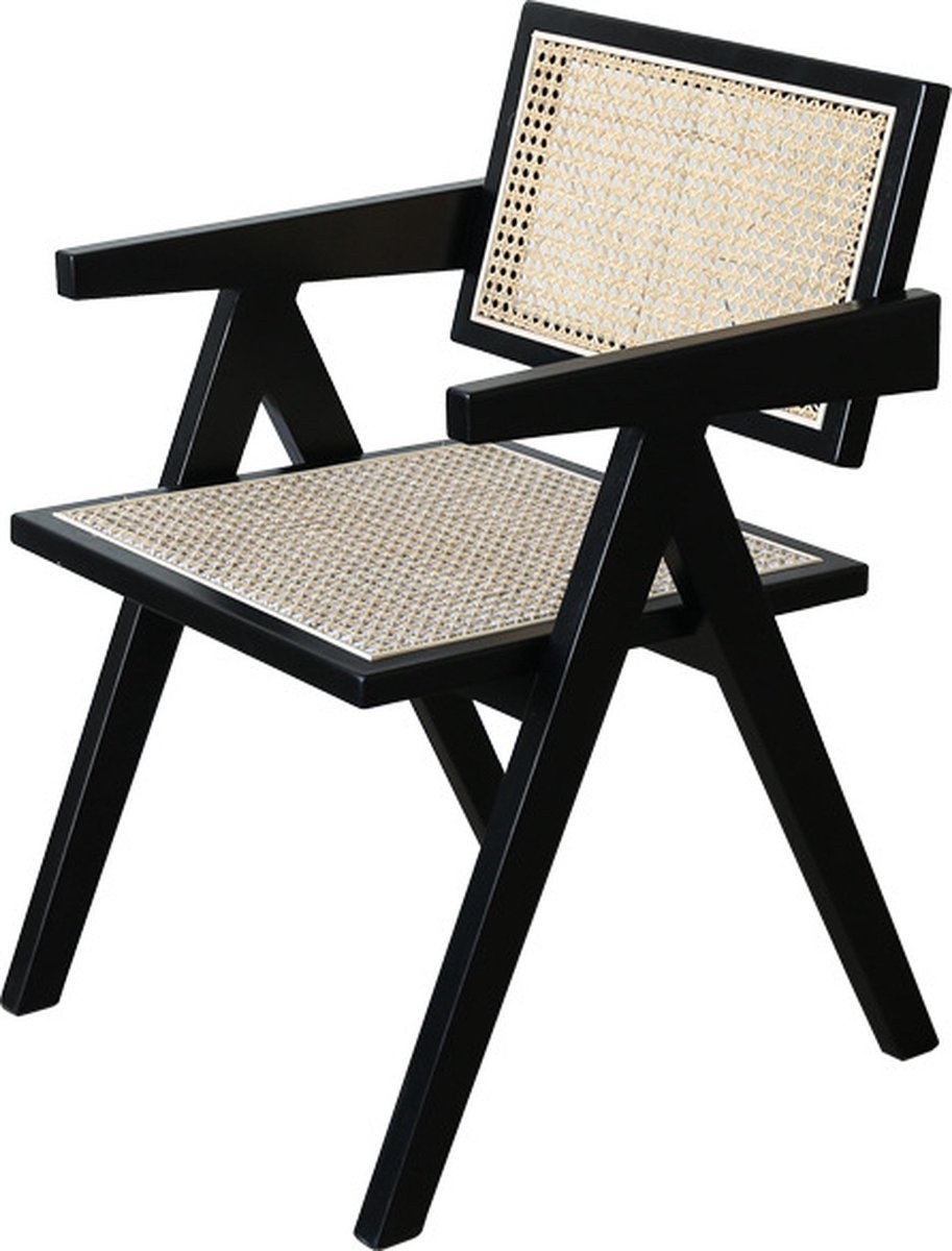 Zwarte houten design stoel met rotan - Eduard Jeanneret - bureau of eetstoel - massief hout - Chandagarh - modern wabi sabi
