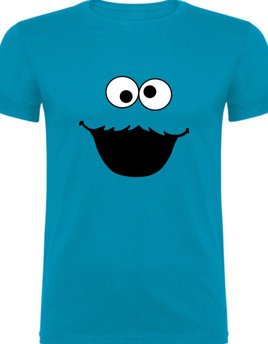 Kinder shirt - T-shirt voor kinderen - Blauw - Maat 122/128 T-Shirt leeftijd 7 tot 8 jaar - Cookie monster -T-shirt - zwarte print - cadeau - Shirt cadeau
