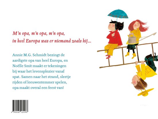Achterkant boek "M'n opa" met illustratie van een ladder met mensen en een paraplu. Tekst "M'n opa, m'n opa, m'n opa..."