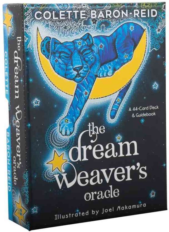 Boîte de l'Oracle des Tisseurs de Rêves. Façade avec un lion bleu sur un croissant de lune et des étoiles.